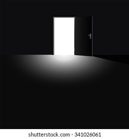 Open door with light coming into the darkness, as a symbol for hope, courage and for taking a chance. Vector illustration.