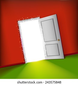 Open door with light concept. Vector fun illustration. Lighting door - new way for your business.