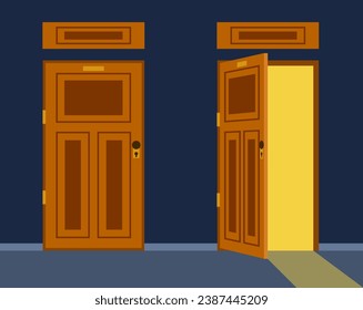 El concepto de puerta de entrada de salida de la habitación oscura de puerta abierta. Ilustración de diseño gráfico plano vectorial
