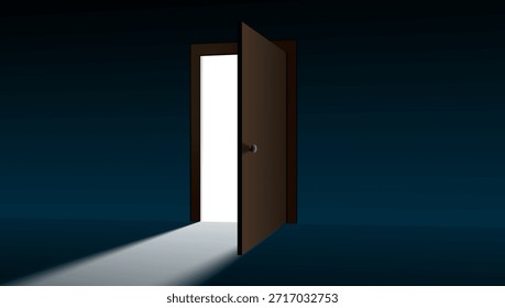 Puerta Abierta Con Luz De Ella En La Habitación Oscura. Vector EPS10