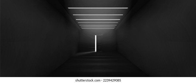 Open door with light glow in the end of dark corridor. Exit concept with white sunlight shine from doorway in darkness with rays or mysterious radiance invite to enter Realistic 3d vector illustration