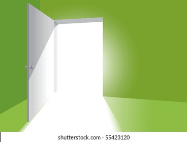 an open door in a light green room