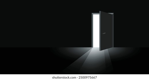 Puerta abierta con icono de luz en estilo plano. Ilustración vectorial de la habitación oscura sobre fondo aislado. Concepto de negocio de letrero de entrada de puerta.