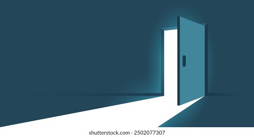 Open door with light icon in flat style. Dark room vector illustration on isolated background. Doorway entrance sign business concept.