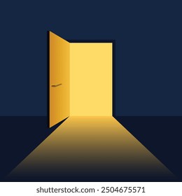 Open door with light icon in flat style. Dark room vector illustration on isolated background. Doorway entrance sign business concept.