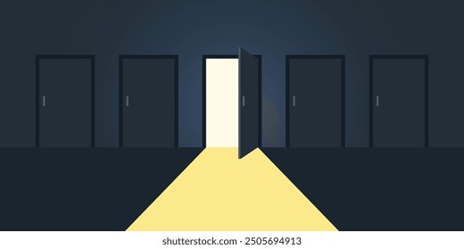 Open door with light icon in flat style. Dark room vector illustration on isolated background. Doorway entrance sign business concept.