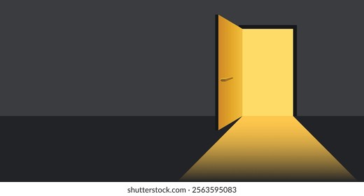 Open door with light icon in flat style. Dark room vector illustration on isolated background. Doorway entrance sign business concept.