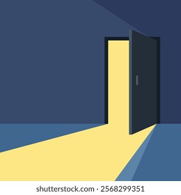 Open door with light icon in flat style. Dark room vector illustration on isolated background. Doorway entrance sign business concept.