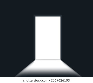 Open door with light icon in flat style. Dark room vector illustration on isolated background. Doorway entrance sign business concept. stock illustration