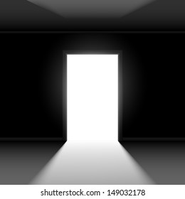 Open door with light. Illustration on dark empty background