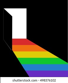 Offene Tür, Licht, Regenbogen, herauskommender Tag, dunkler Raum