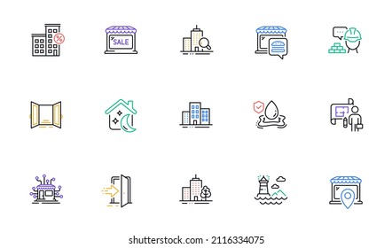 Offene Tür, Leuchtturm und Wolkenkratzer Gebäude Linie Symbole für Website, Druck. Kollektion von Plan, Lebensmittelmarkt, Marktstandort Symbole. Erstellen, Distribution, Eintreten von Web-Elementen. Vektorgrafik
