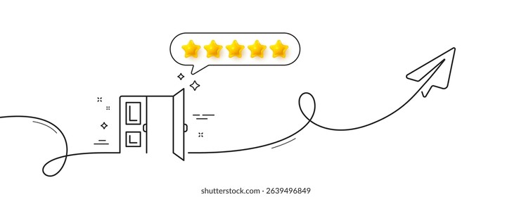 Open door line icon. Continuous line with share plane. Entrance doorway sign. Building exit symbol. Five star rate review in speech bubble. Open door single line ribbon. Loop curve pattern. Vector