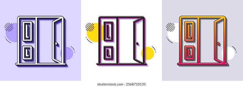 Open door line icon. Halftone dotted pattern. Gradient icon with grain shadow. Entrance doorway sign. Building exit symbol. Line open door icon. Various designs. Vector