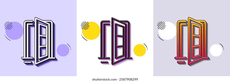 Open door line icon. Halftone dotted pattern. Gradient icon with grain shadow. Entrance doorway sign. Building entry symbol. Line open door icon. Various designs. Vector