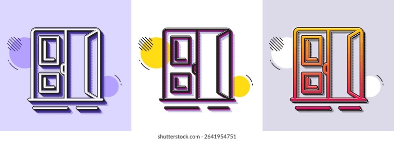 Open door line icon. Halftone dotted pattern. Gradient icon with grain shadow. Entrance doorway sign. Building exit symbol. Line open door icon. Various designs. Vector