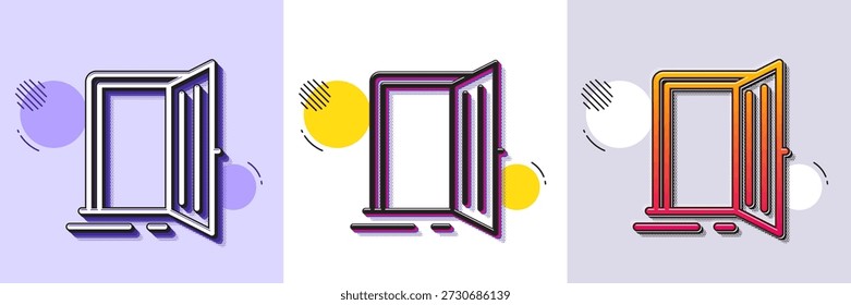 Türleitungssymbol öffnen. Gestricheltes Rastermuster. Farbverlaufssymbol mit Schatten. Eingangstürschild Einstiegssymbol wird erstellt. Symbol für die offene Tür der Linie. Verschiedene Designs. Vektorgrafik