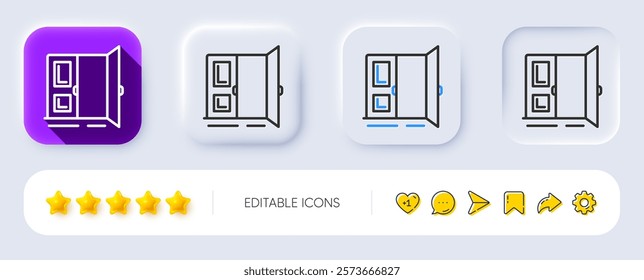 Open door line icon. Neumorphic, Flat shadow, 3d buttons. Entrance doorway sign. Building exit symbol. Line open door icon. Social media icons. Vector