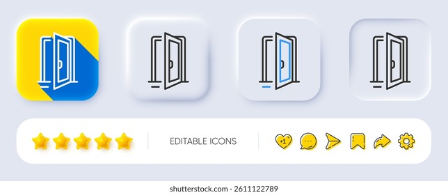 Open door line icon. Neumorphic, Flat shadow, 3d buttons. Entrance doorway sign. Building entry symbol. Line open door icon. Social media icons. Vector