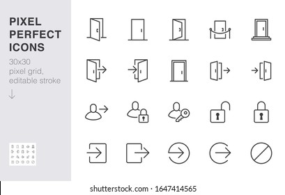 Open door line icon set. Login, logout, register, password, vip entrance, key, lock, exit minimal vector illustrations. Simple outline signs for web application. 30x30 Pixel Perfect. Editable Strokes.
