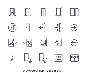 Open door line icon set. Signs with doorway, entrance, exit, closed door, lock. Editable stroke. Design element for application. Outline vector illustration collection Isolated on white background