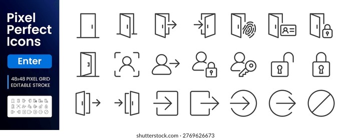 Open door line icon set. Login, logout, register, password, face recognition, key lock, exit minimal vector illustrations. Simple outline signs for access control. 48x48 Pixel Perfect, Editable Stroke