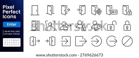 Open door line icon set. Login, logout, register, password, face recognition, key lock, exit minimal vector illustrations. Simple outline signs for access control. 48x48 Pixel Perfect, Editable Stroke