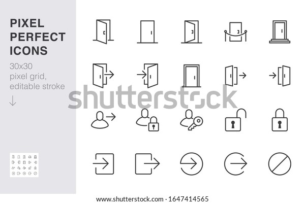 ドアラインアイコンセットを開く ログイン ログアウト 登録 パスワード Vipエントランス キー ロック 最小限のベクターイラストを終了します ウェブアプリケーションの簡単なアウトライン記号 30 X 30ピクセルパーフェクト 編集可能なストローク のベクター