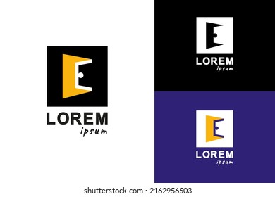 Open door logo with capital letter E. Blue and yellow door. Color, black and white variants for corporate brand.