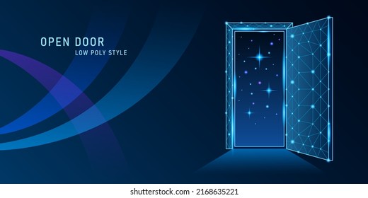 open door low poly in starry sky on dark blue background vector
