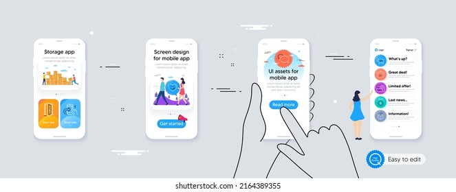Open door, Messenger and Fake document line icons for website, printing. Phone ui interface. Collection of Shopping cart, Boiling pan, Augmented reality icons. Vector