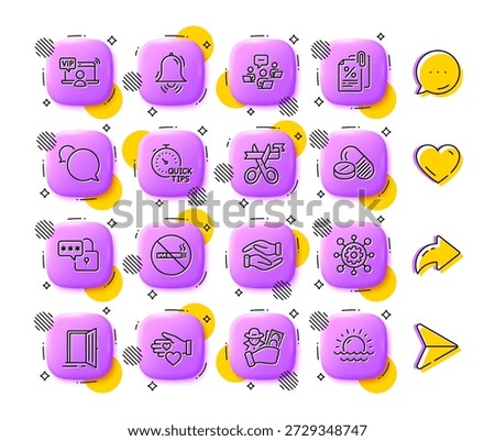 Open door, Messenger and Helping hand line icons. App 3d buttons. Social media comment, share, like icons. Pack of Fraud, Medical drugs, Clock bell icon. Vip access, Lock, Framework pictogram. Vector