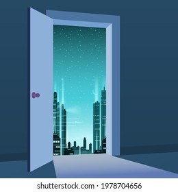 Open Door to nature way. City night, Moon, town, symbol freedom, new way exit, discovery, opportunities. Motivation concept to real world. Vector illustration cartoon style poster banner