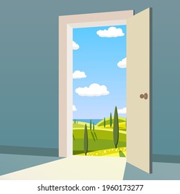 Open Door to nature way. Landscape valley symbol freedom, new way exit, discovery, opportunities. Motivation concept to real world. Vector illustration cartoon style poster banner
