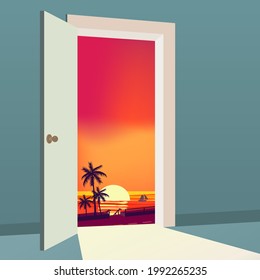 Open Door to nature way. Landscape sunset sea, ocean, island, tropical, palms, symbol freedom, new way exit, discovery, opportunities. Motivation concept to real world. Vector illustration cartoon