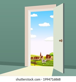 Open Door to nature way. Landscape rural farm valley symbol freedom, new way exit, discovery, opportunities. Motivation concept to real world. Vector illustration cartoon style poster banner