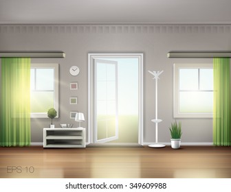 Open door in nice cozy home with green translucent curtains on sunny spring day. Vector graphic