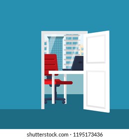Open door office. Workplace with an empty chair in office with a window and a view of the skyscrapers of the city. Vector illustration flat design. Isolated on white background.