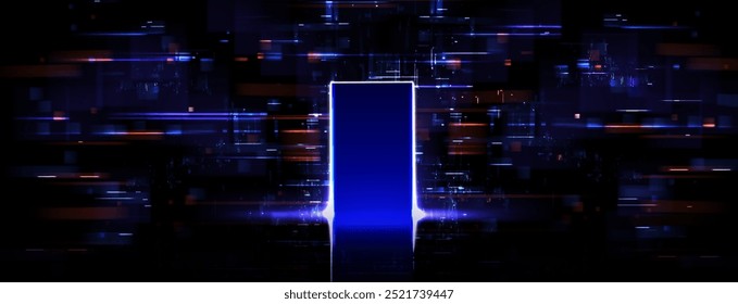 Puerta abierta en el fondo azul de la falla. Vector ilustración realista de líneas de neón sobre fondo negro con portal futurista, error del sistema informático, red de seguridad cibernética, túnel de tecnología de la información