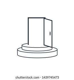 Open the door on the podium. Vector linear icon on white background.