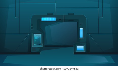 Open door on shuttle or spaceship with neon. Hud. Cartoon style. Vector