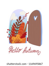 Open door on a white background, behind which autumn. Greeting card with inscription Hello Autumn. Cute vector illustration hand-drawn for everyone who loves autumn.