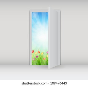 Open door on a white wall with nature vector illustration