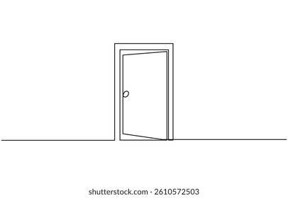 Open door with one continuous line editable drawing of office entrance, A modern depiction of an open door in one continuous line, Open door continuous one line drawing.