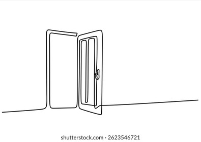 Abra a porta com uma linha contínua. Desenho editável de linha única da entrada do escritório. Conceito de novas oportunidades, solução de problemas. Ilustração vetorial. Traçado editável.
