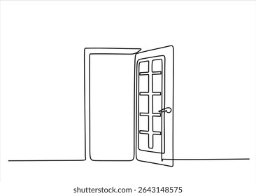 Abra a porta com uma linha contínua. Desenho editável de linha única da entrada do escritório. Conceito de novas oportunidades, solução de problemas. Vetor de uma linha desenhado à mão. Traçado editável