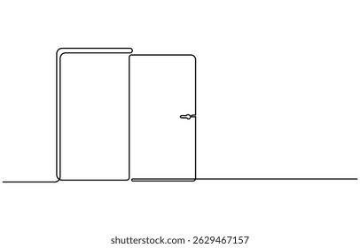 Open door one line illustration, welcome sign continuous line art drawing, Door outline drawing illustration. one continuous line drawing of opened door. A modern line art depiction of an open door in