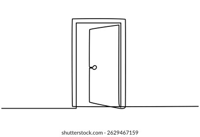 Open door one line illustration, welcome sign continuous line art drawing, Door outline drawing illustration. one continuous line drawing of opened door. A modern line art depiction of an open door in