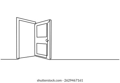 Open door one line illustration, welcome sign continuous line art drawing, Door outline drawing illustration. one continuous line drawing of opened door. A modern line art depiction of an open door in