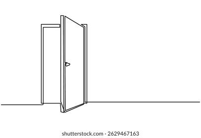 Open door one line illustration, welcome sign continuous line art drawing, Door outline drawing illustration. one continuous line drawing of opened door. A modern line art depiction of an open door in